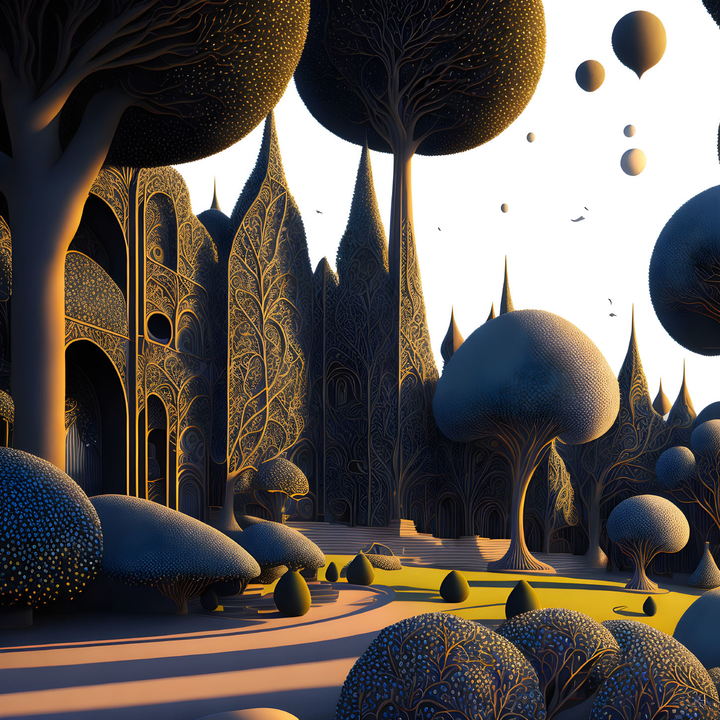 Surreal landscape with stylized trees, intricate patterns, and floating orbs at twilight