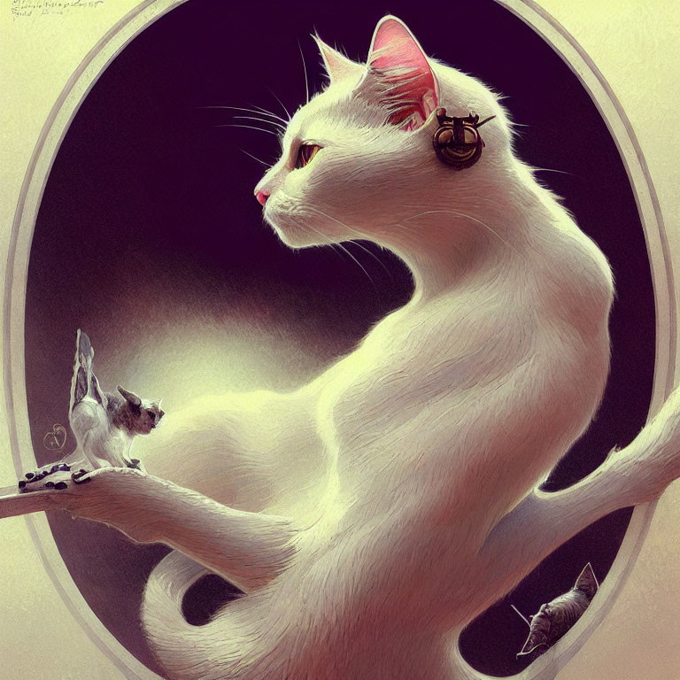 Illustrated white cat with key earring and mouse in oval monochromatic backdrop