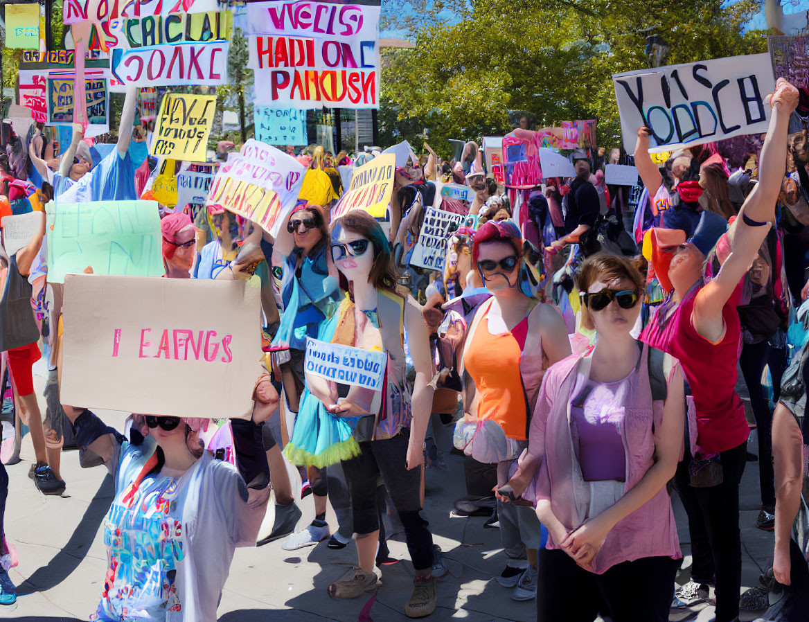 Diverse People with Colorful Protest Signs on Sunny Day