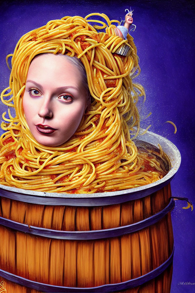 Surreal portrait: person with spaghetti hair in pot, tiny figure, purple background