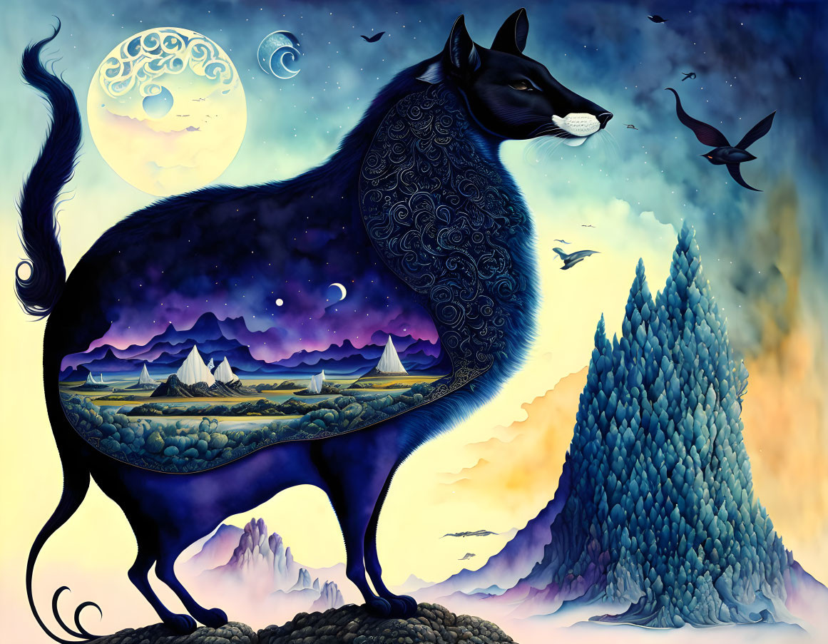 Surreal illustration: majestic black cat in cosmic landscape