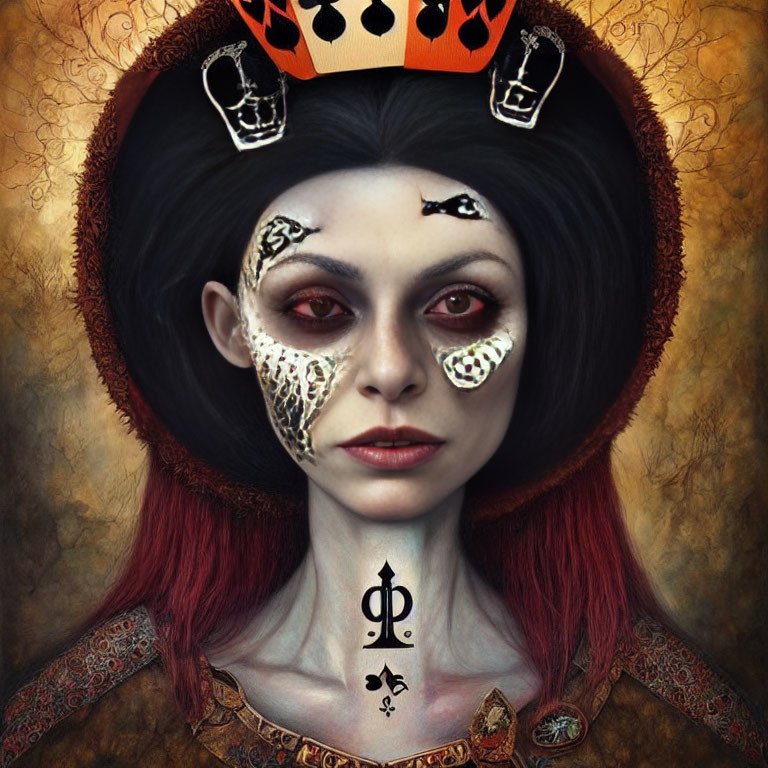 Woman with Queen of Hearts Crown and Skull Face Paint on Golden Background