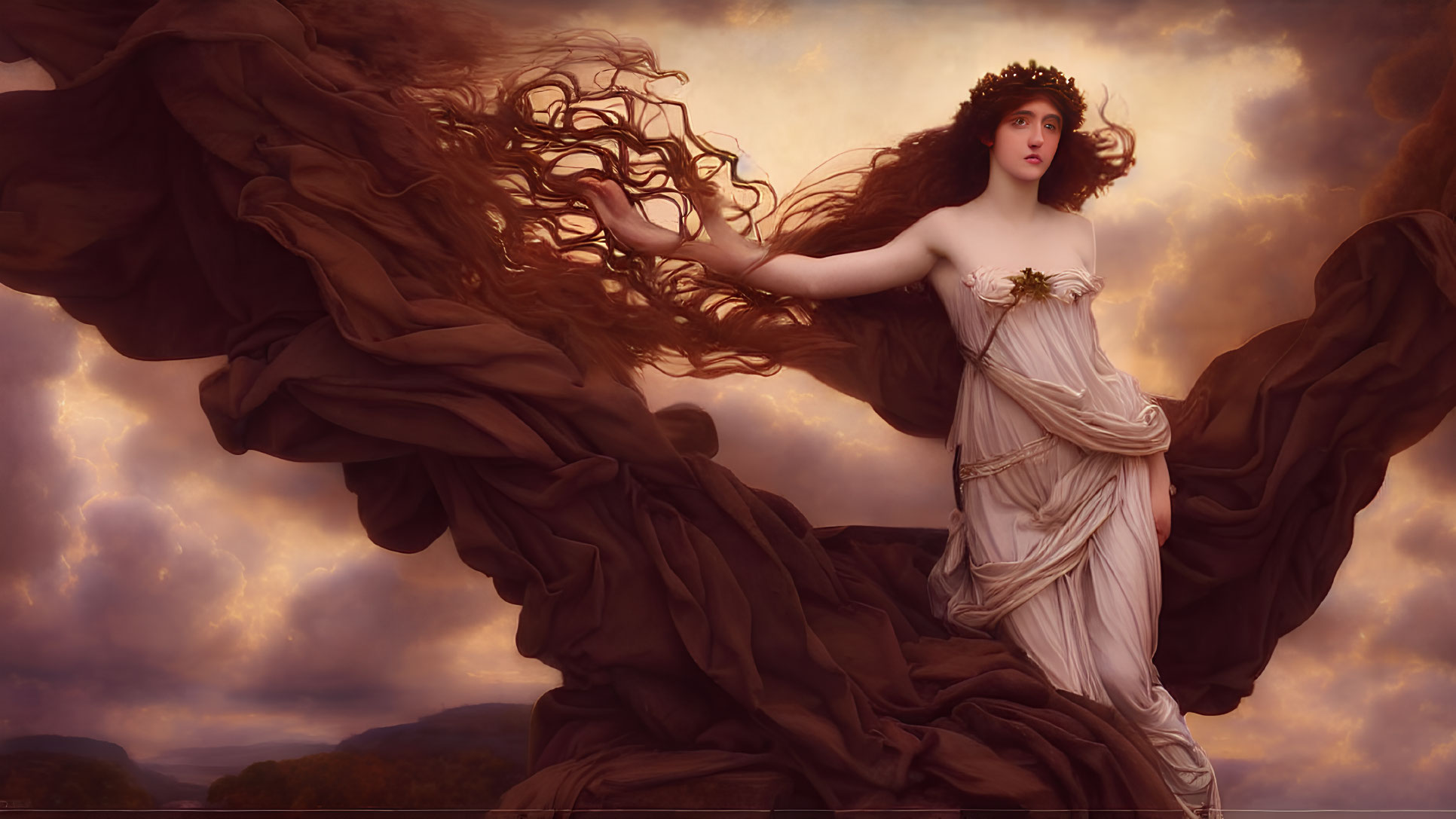 Ethereal woman with auburn hair in white gown under dramatic sky