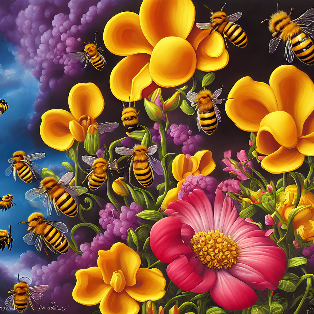 Colorful bees on flowers against dark sky: vibrant illustration