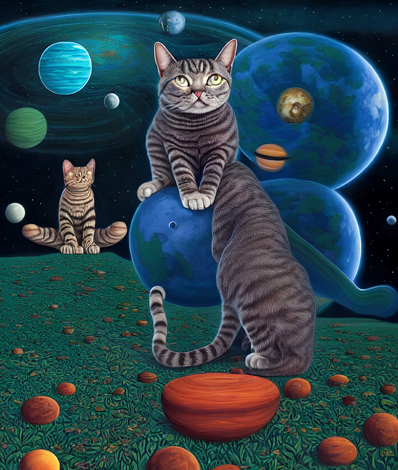 Digital Artwork: Oversized Cats on Grass with Cosmic Background