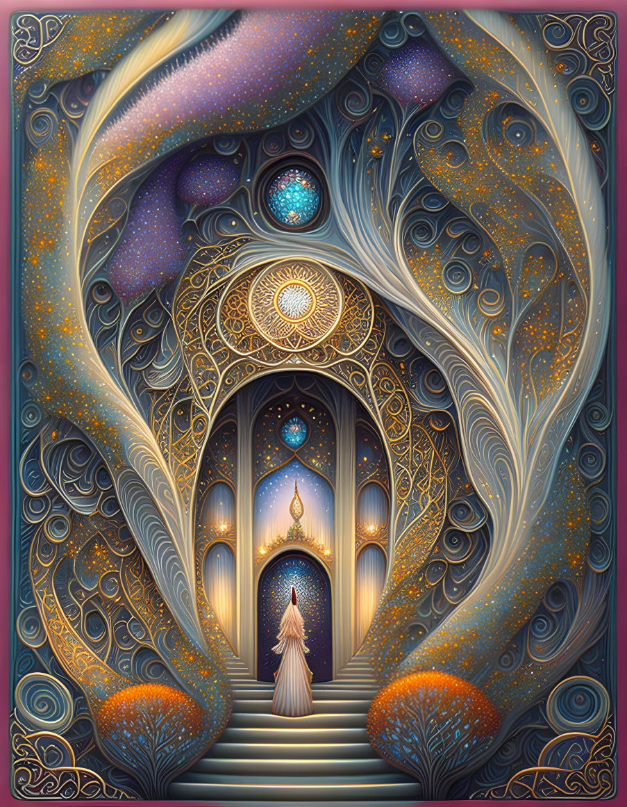 Woman at ornate cosmic gate with celestial bodies and starry sky backdrop