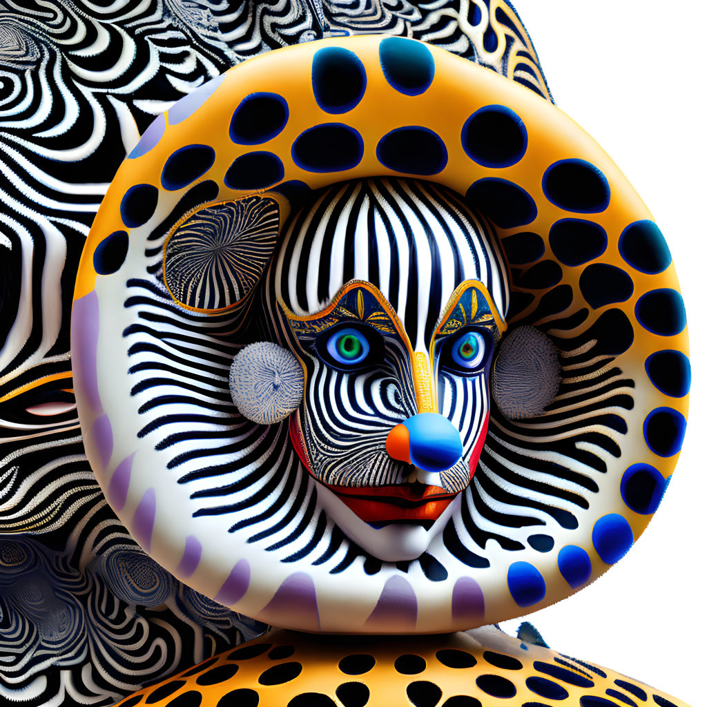 Colorful surreal clown face with hypnotic patterns in blue and orange