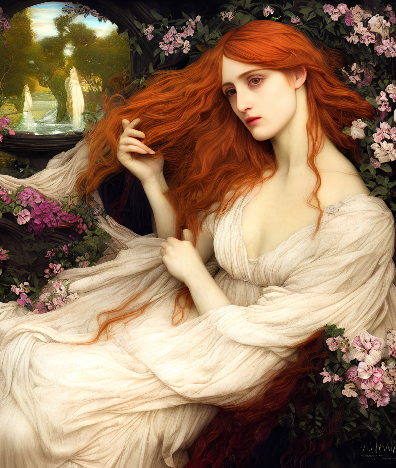 Ethereal woman with red hair in white gown in garden with spectral figure