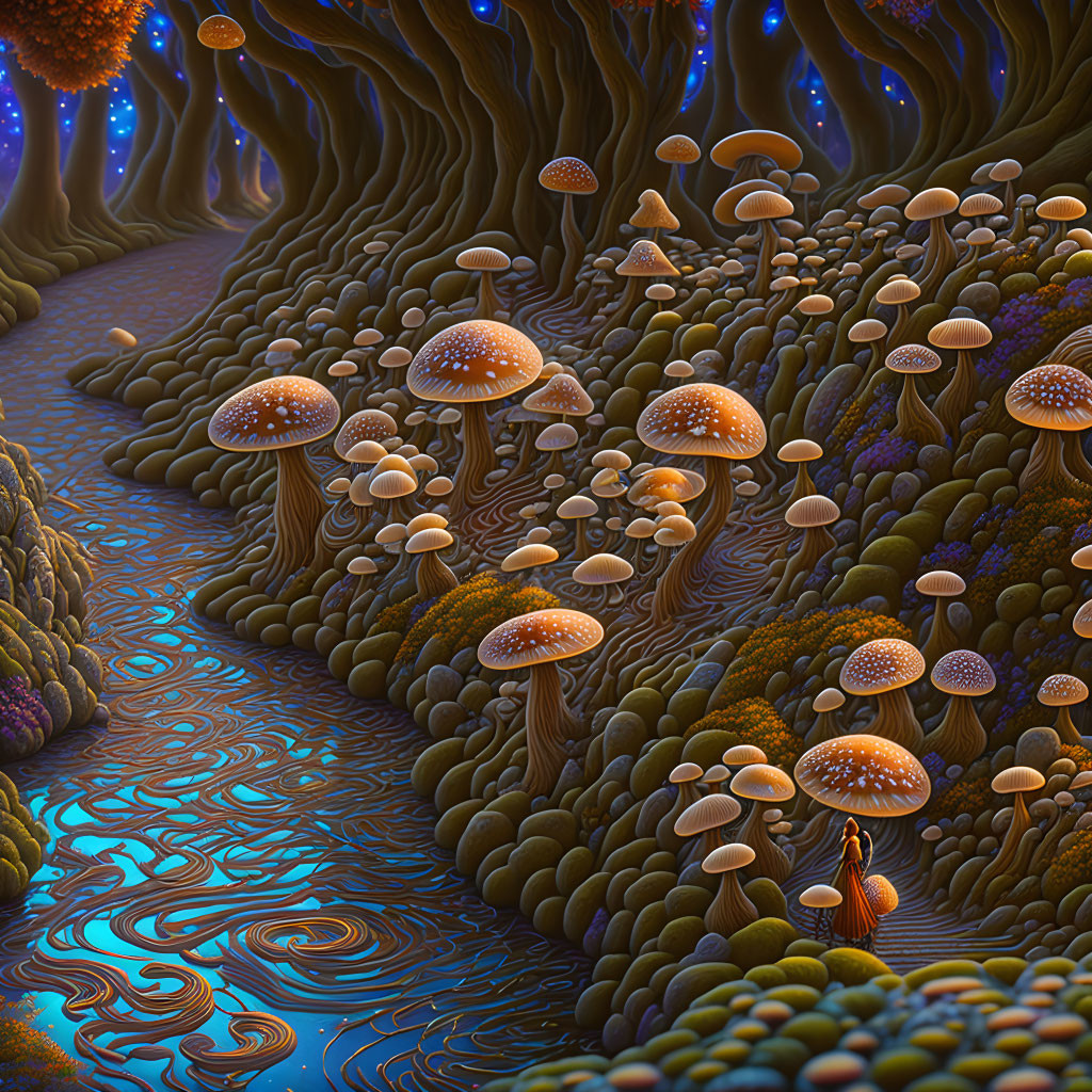 Surreal forest scene with bioluminescent mushrooms, vibrant trees, and reflective blue river