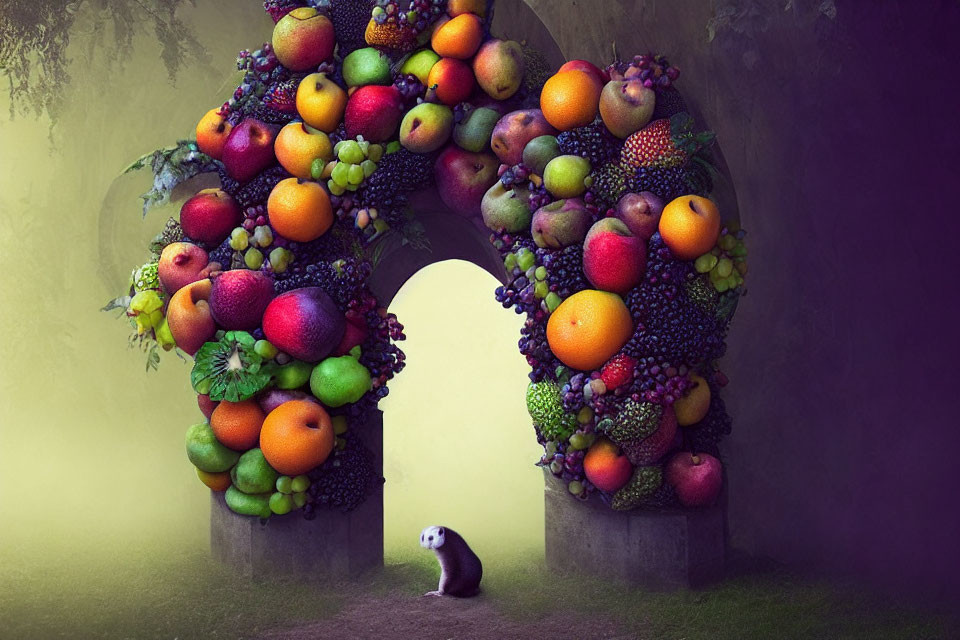 Colorful Fruit Archway with Curious Badger Peeking Through