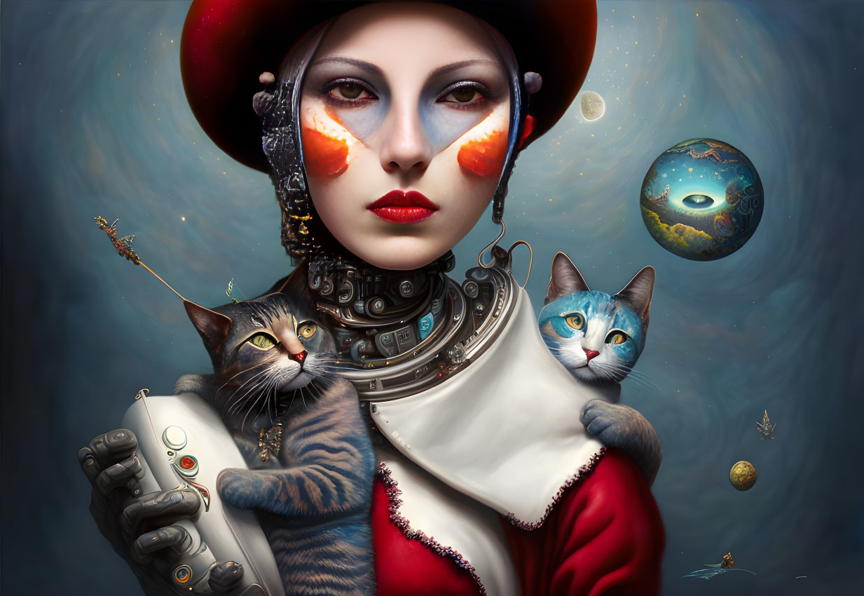 Surreal portrait of woman with futuristic collar and cats in cosmic setting