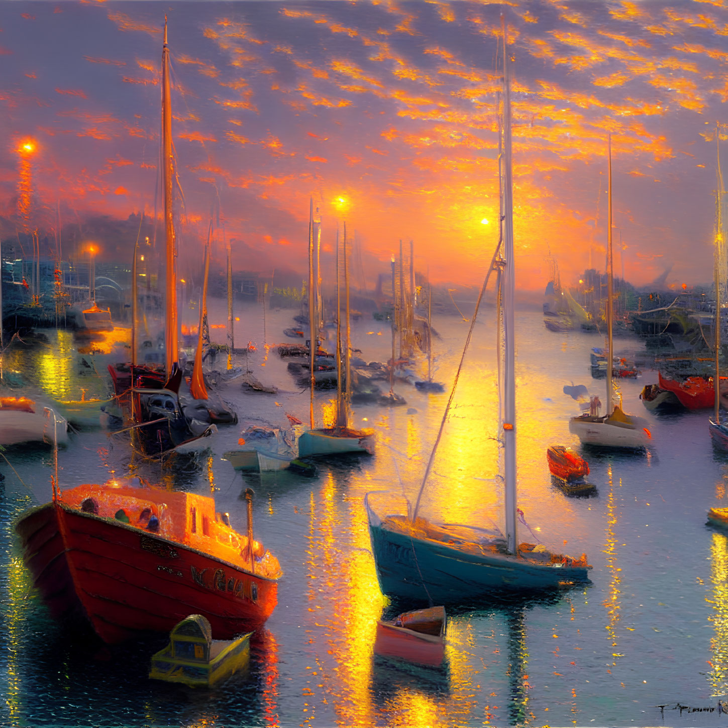 Colorful boats moored in serene sunset harbor scene.