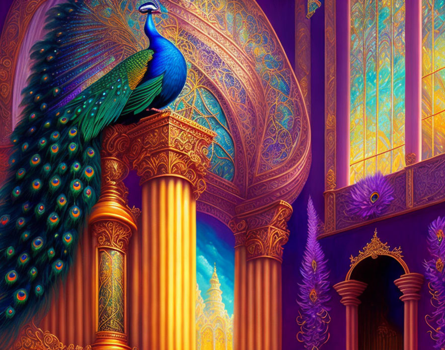 Colorful Peacock Illustration in Ornate Palace Setting