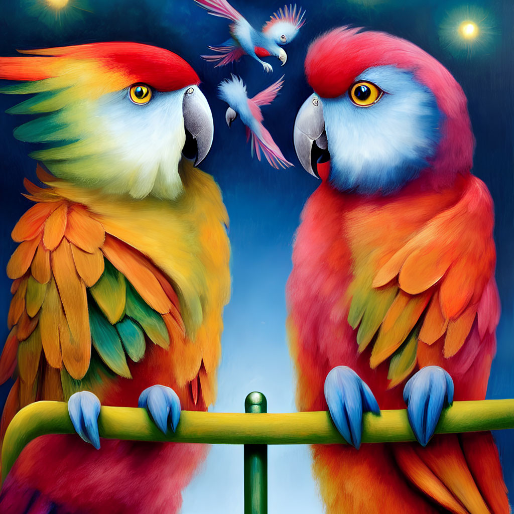 Colorful Parrots on Perch with Flying Bird in Starry Sky