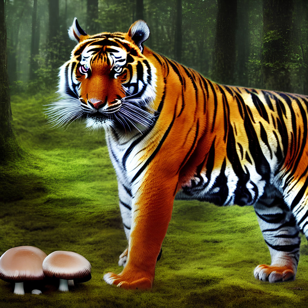 Majestic tiger in forest clearing with green trees and mushrooms