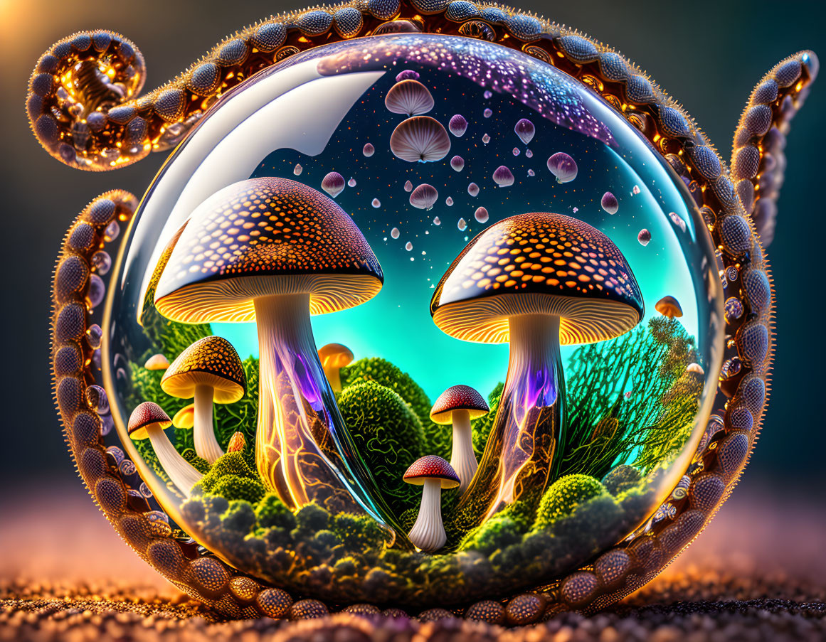 Colorful digital artwork featuring glowing mushrooms and plants in a bubble with swirling tentacles.