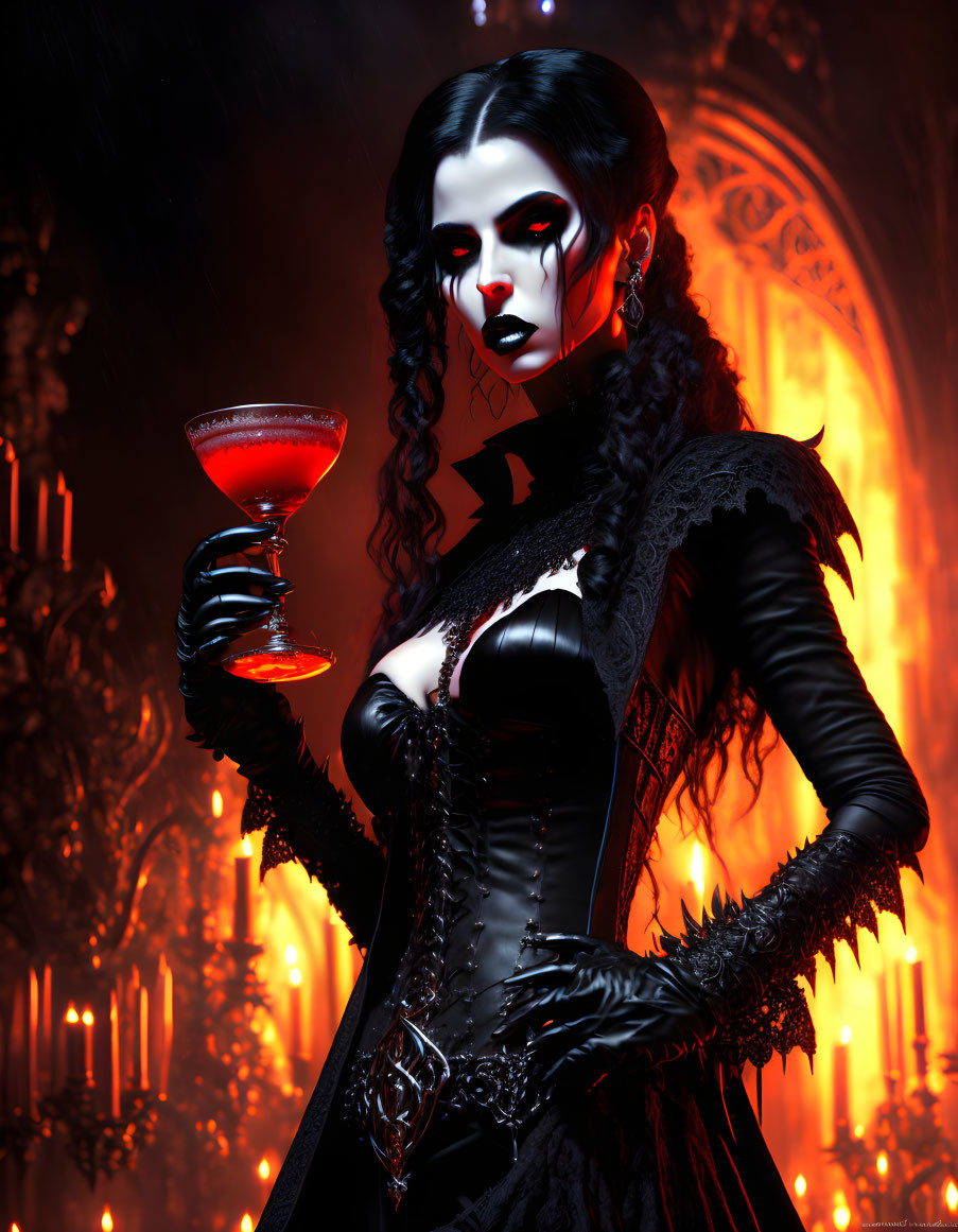 Dark Gothic Makeup Woman Holding Red Cocktail Against Fiery Backdrop