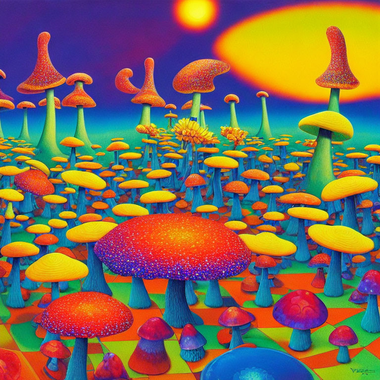 Colorful psychedelic mushroom forest under orange sky