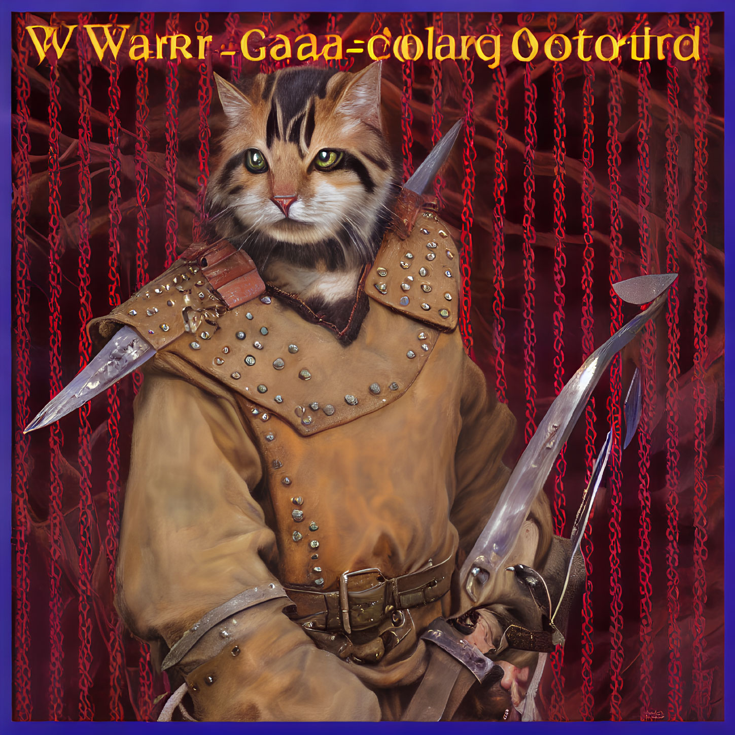 Digital artwork: Humanoid cat warrior in leather armor with swords on red chainmail background