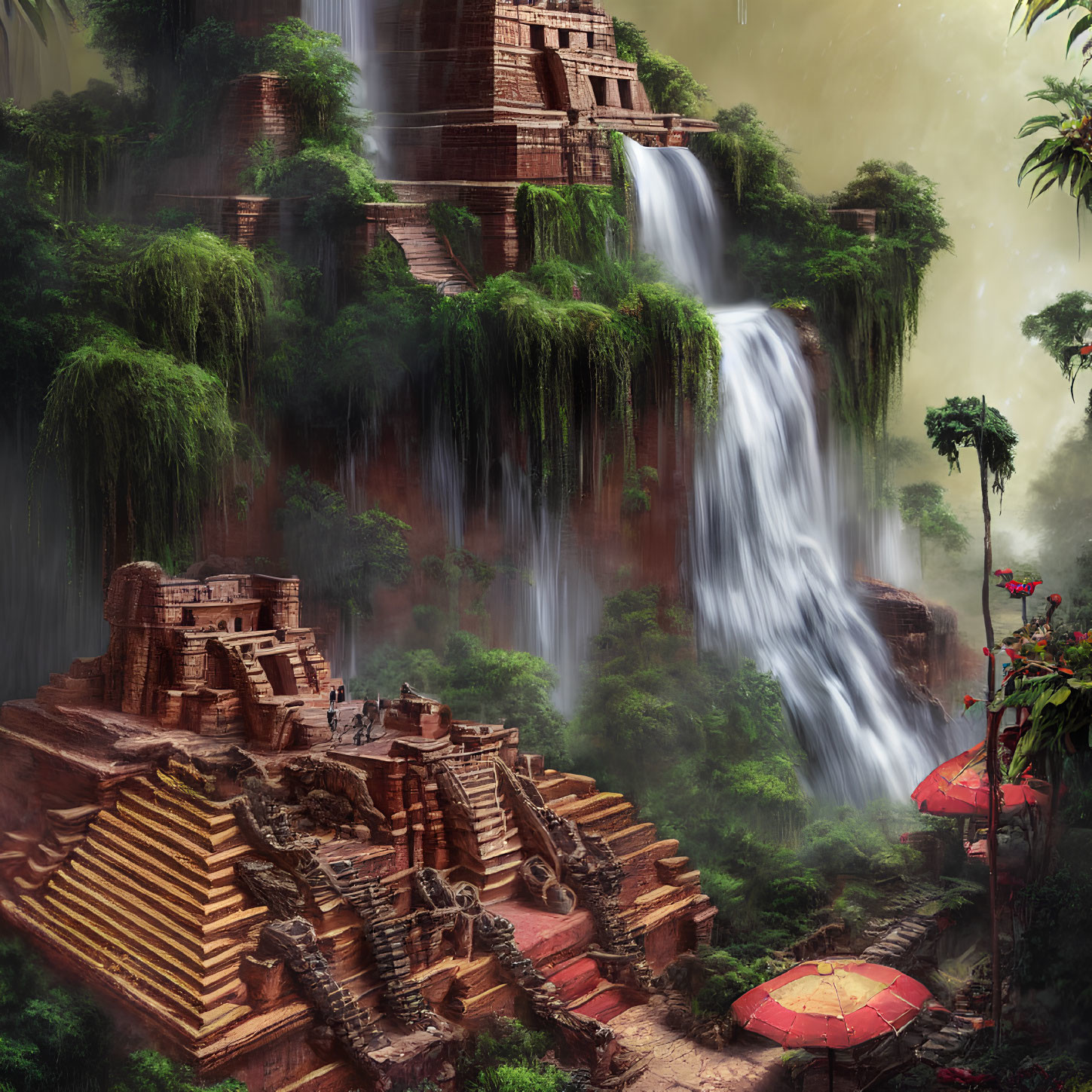 Ancient temple with waterfalls, greenery, and two individuals with red umbrellas