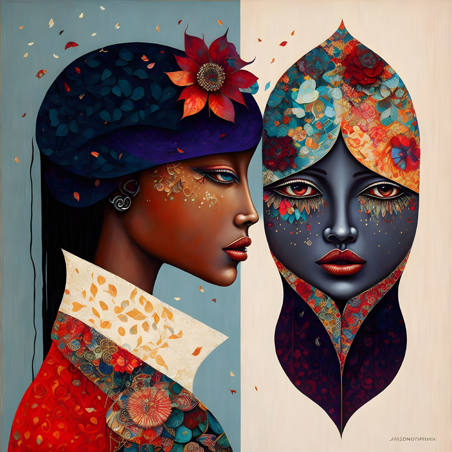 Colorful digital artwork featuring two stylized female profiles with floral patterns in a split composition.