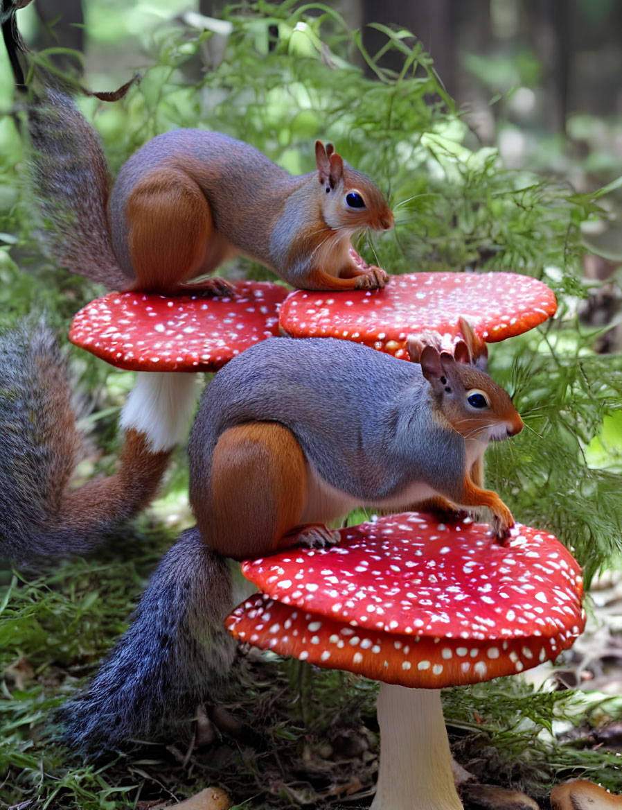 Forest scene with two squirrels on red and white mushrooms