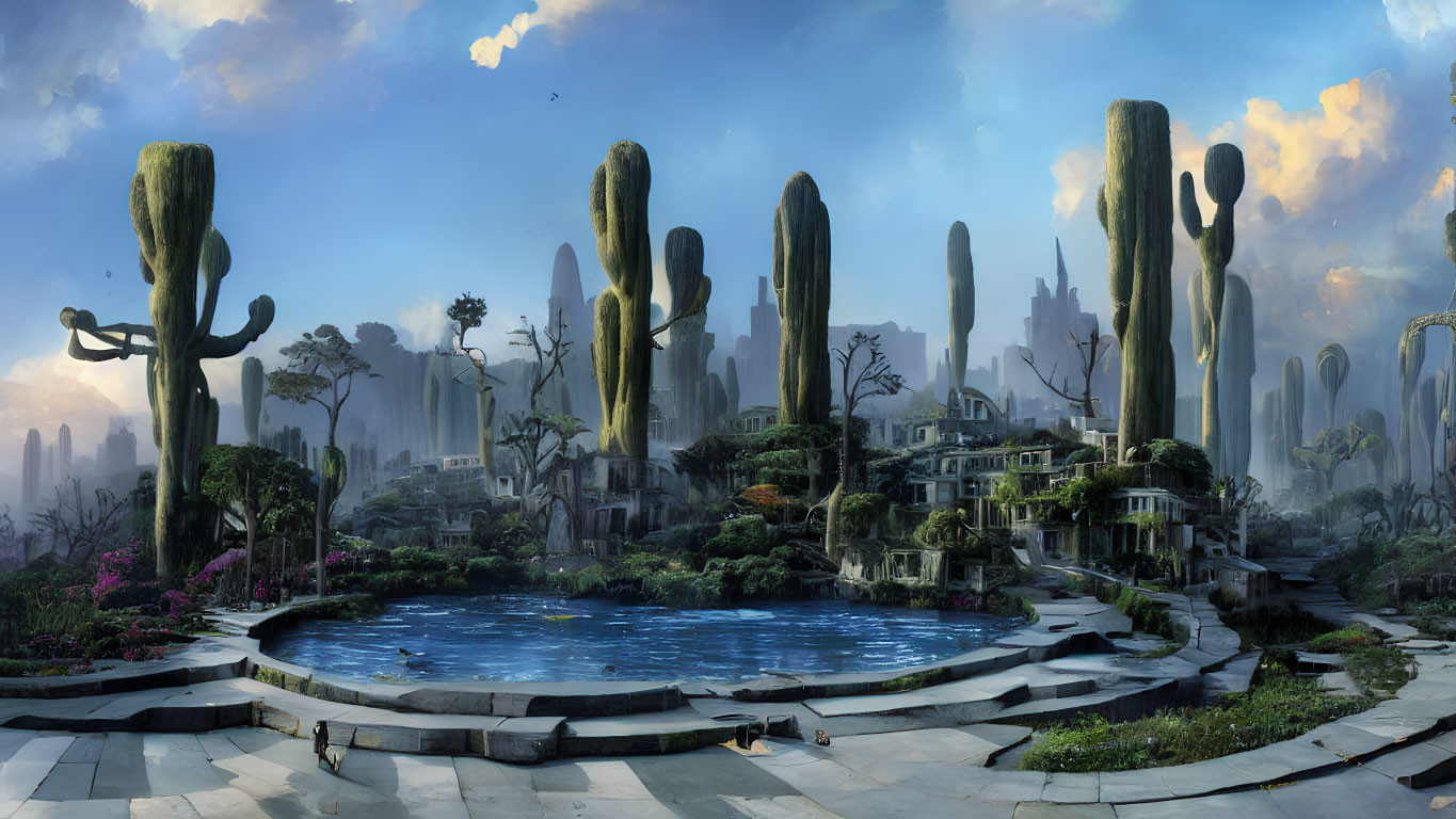 Majestic cactus landscape with vibrant flora, blue pond, and ancient ruins