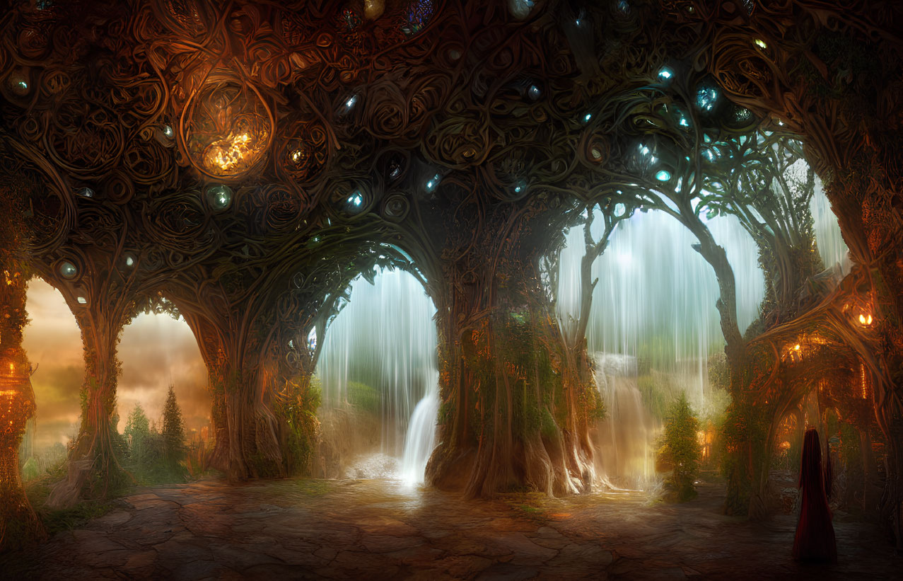 Ethereal forest with ornate trees and shimmering waterfalls