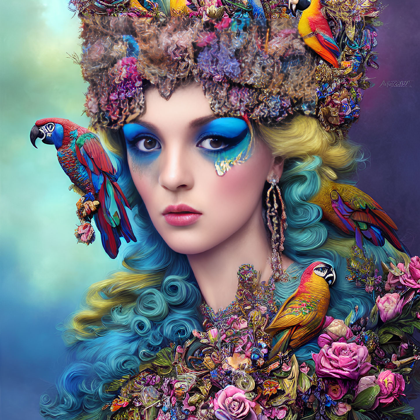 Colorful woman with blue hair, floral hat, parrots, and flower attire