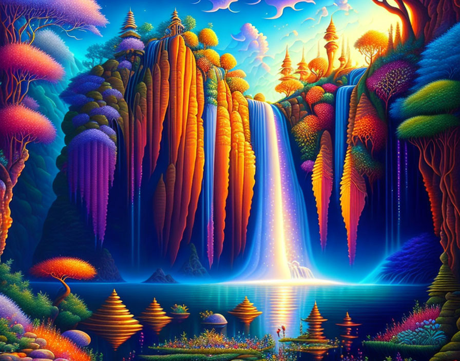 Colorful Trees, Waterfall, River, and Towers in Fantasy Landscape