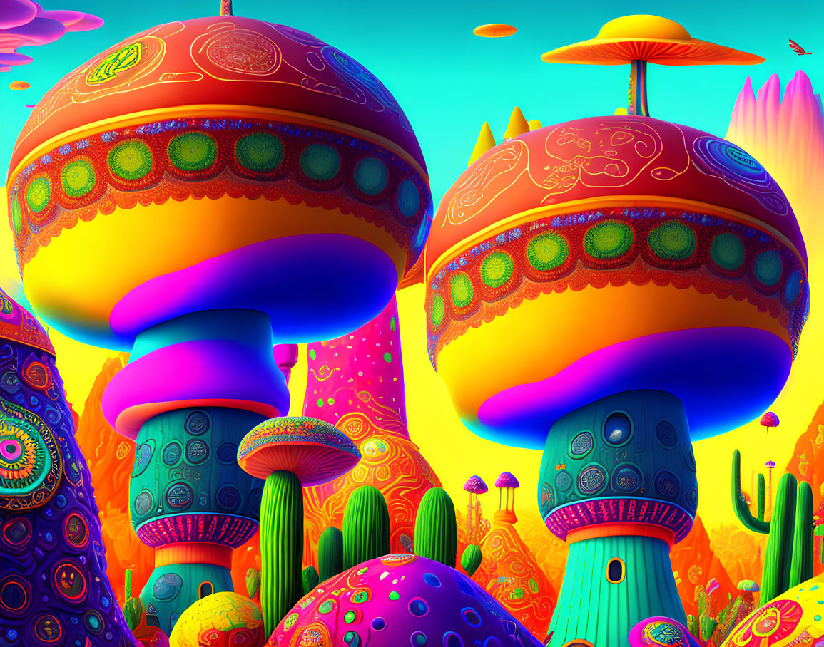 Colorful Psychedelic Landscape with Mushrooms and Cacti in Bright Sky