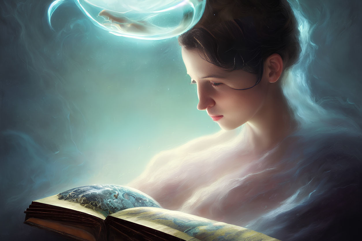 Serene person reading ancient book under warm glow with mystical light.