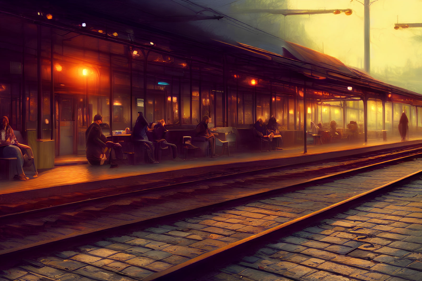 Evening Scene at Train Station: People Waiting Under Shelter by Railway Track