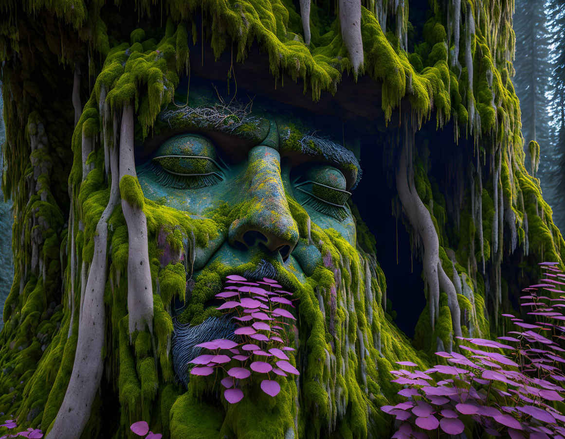 Face in Moss-Covered Forest with Greenery and Purple Flowers