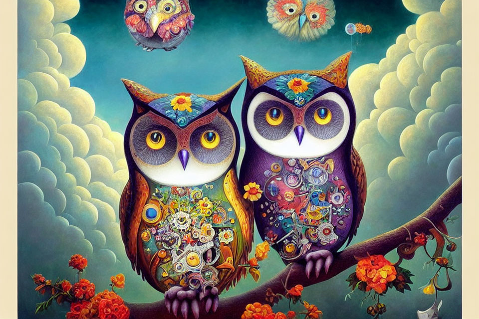 Colorful Stylized Owls with Clockwork Bodies on Branch in Dreamy Setting