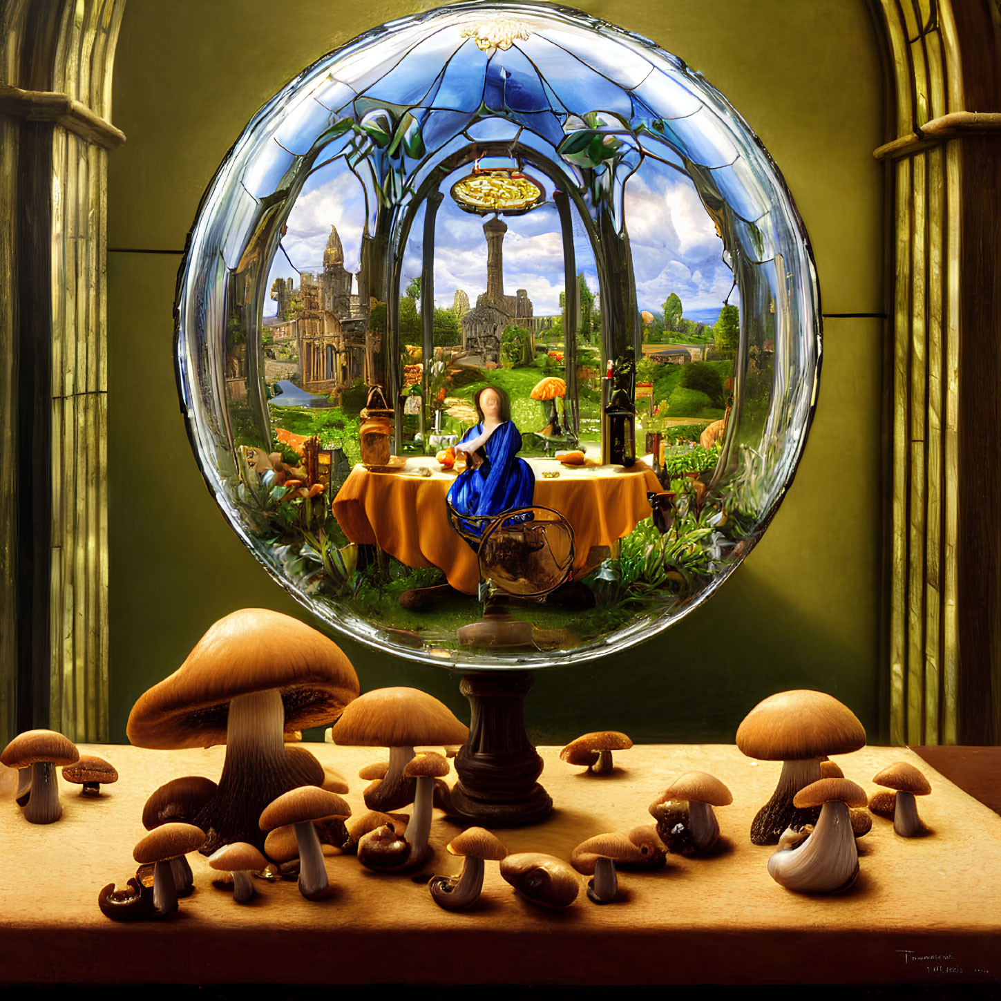 Colorful painting of person at round table with fruits, glass sphere, mushrooms, and window.