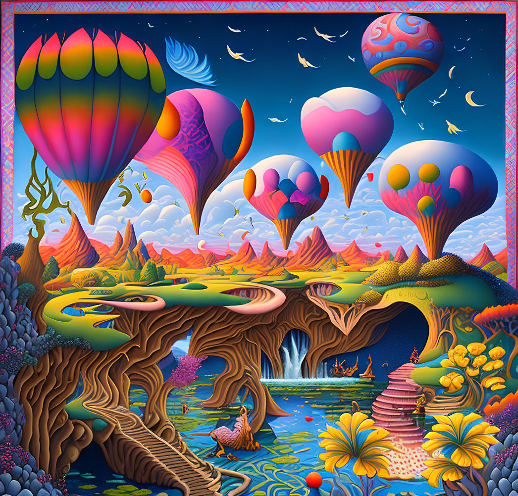 Colorful fantasy landscape with hot air balloons, river, waterfall, bridges, and starry sky.