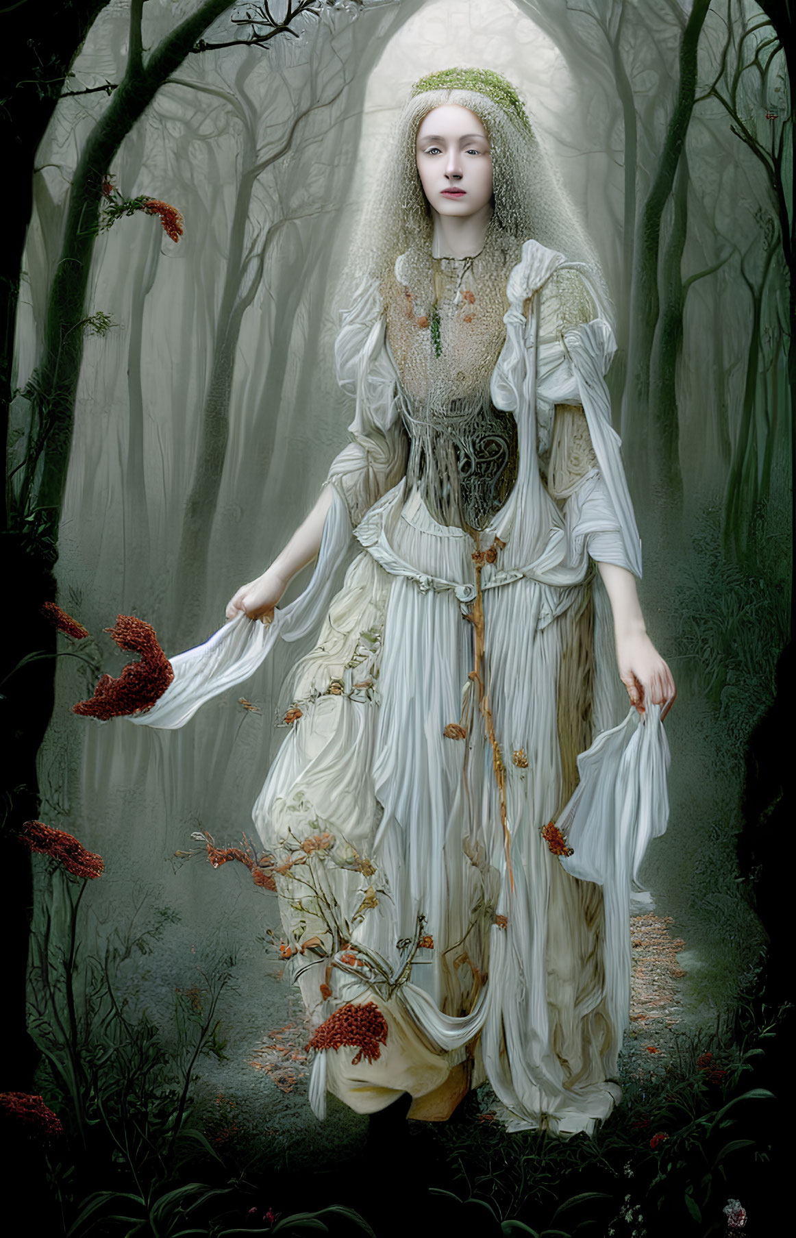 Woman in white gown with lace and floral accents walking in misty forest