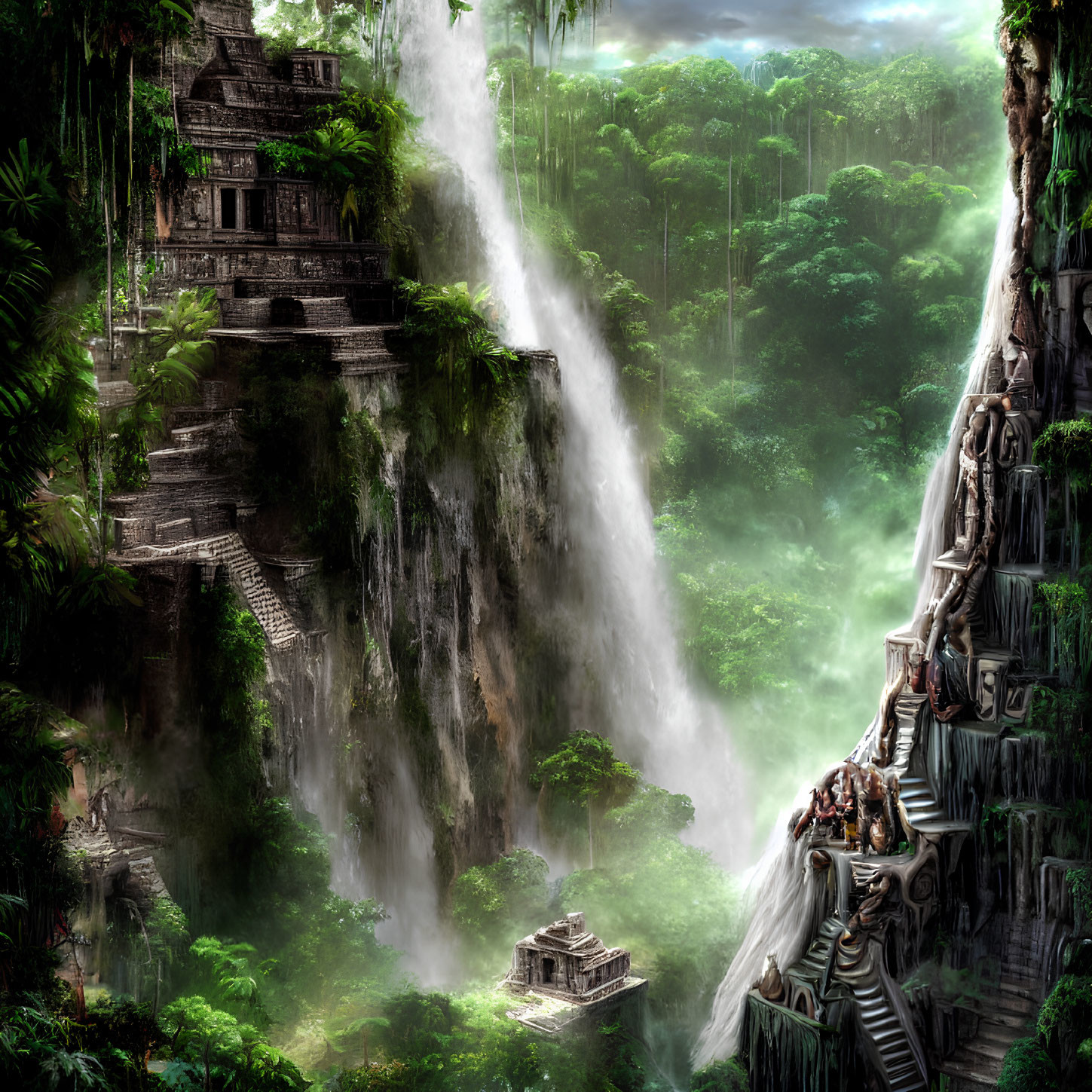 Ethereal jungle scene with ancient ruins and waterfall in mist