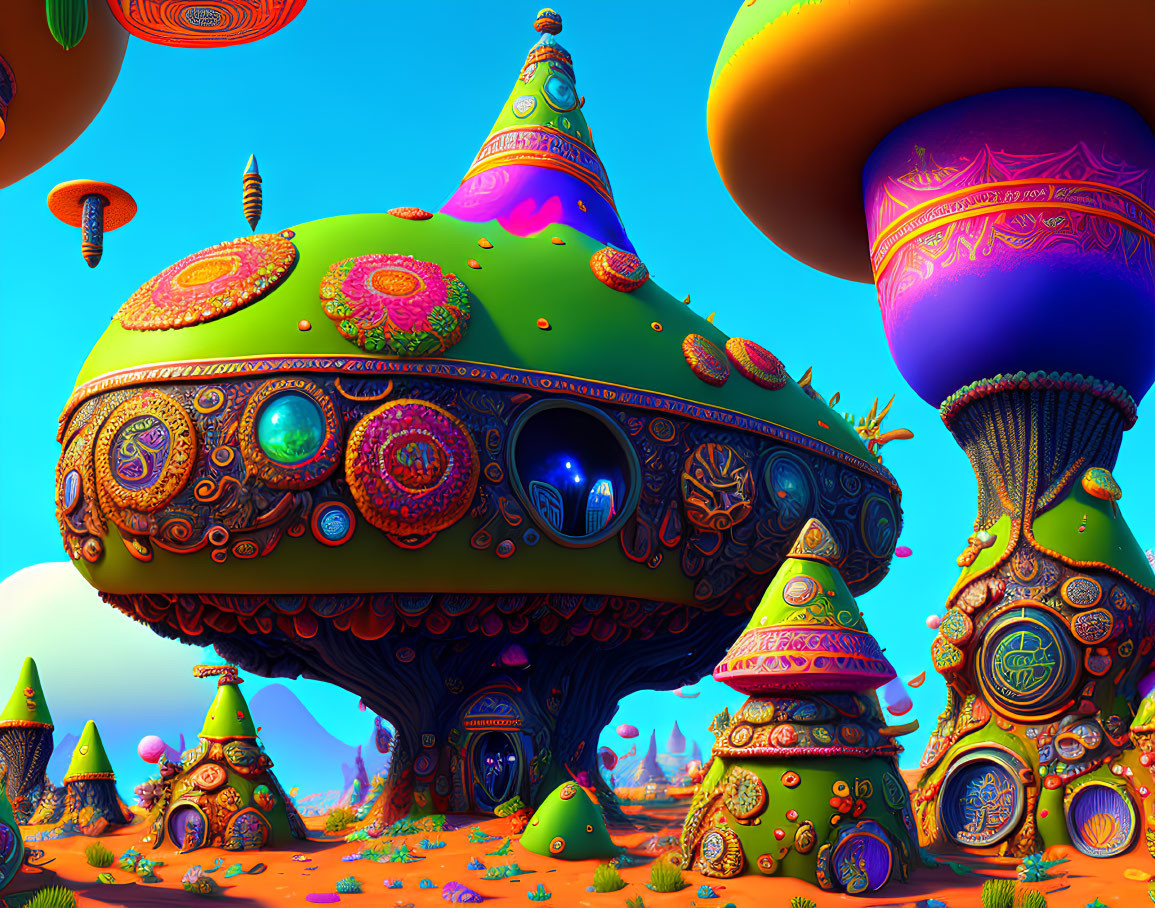 Colorful Psychedelic Mushroom Structures Against Blue Sky