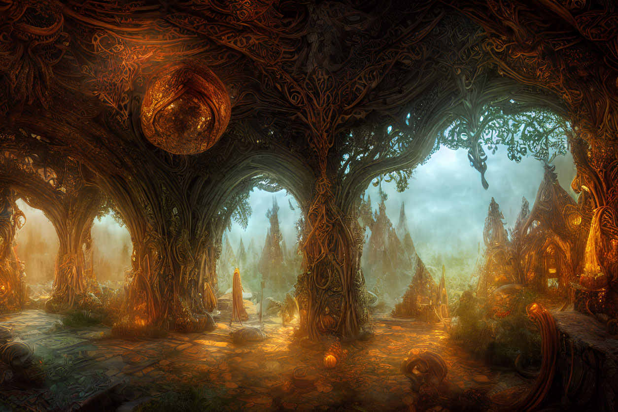 Mystical forest scene with glowing orb and intricate trees