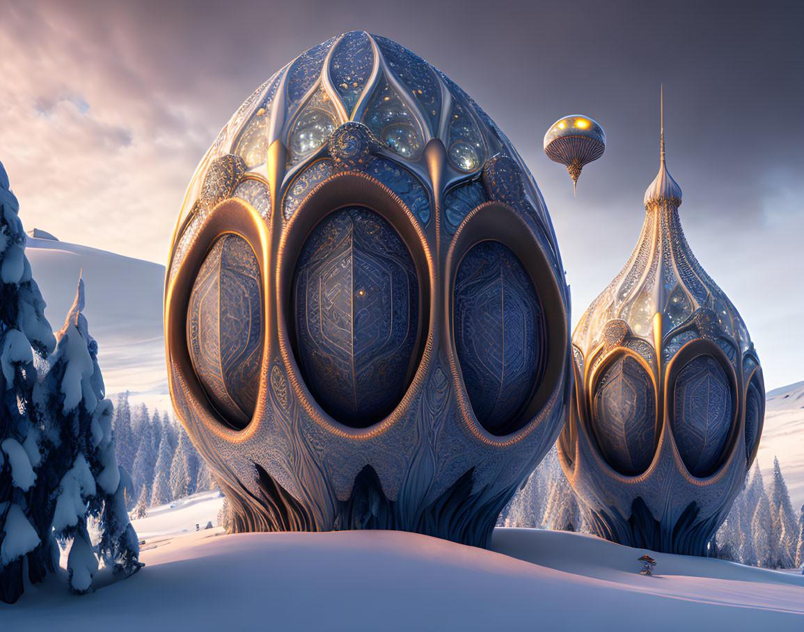 Fantasy winter landscape with ornate structures, dirigible, and snow-covered ground