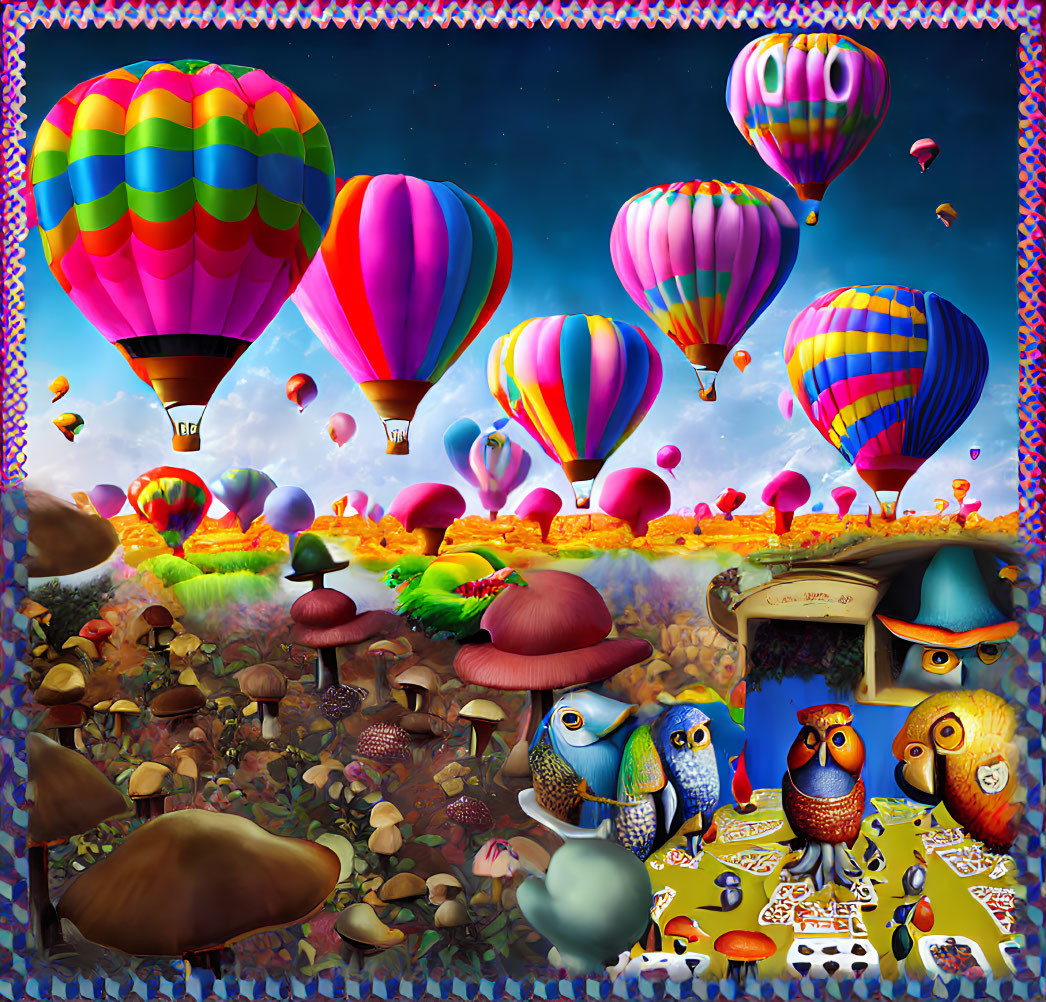 Whimsical landscape with colorful hot air balloons and cartoon owls in a tea party