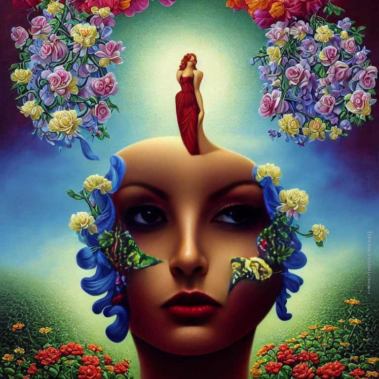 Surrealist image of woman's face as landscape with floral archway