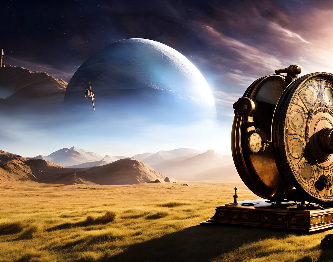 Elaborate astrolabe in fantastical landscape with golden plains and giant planet