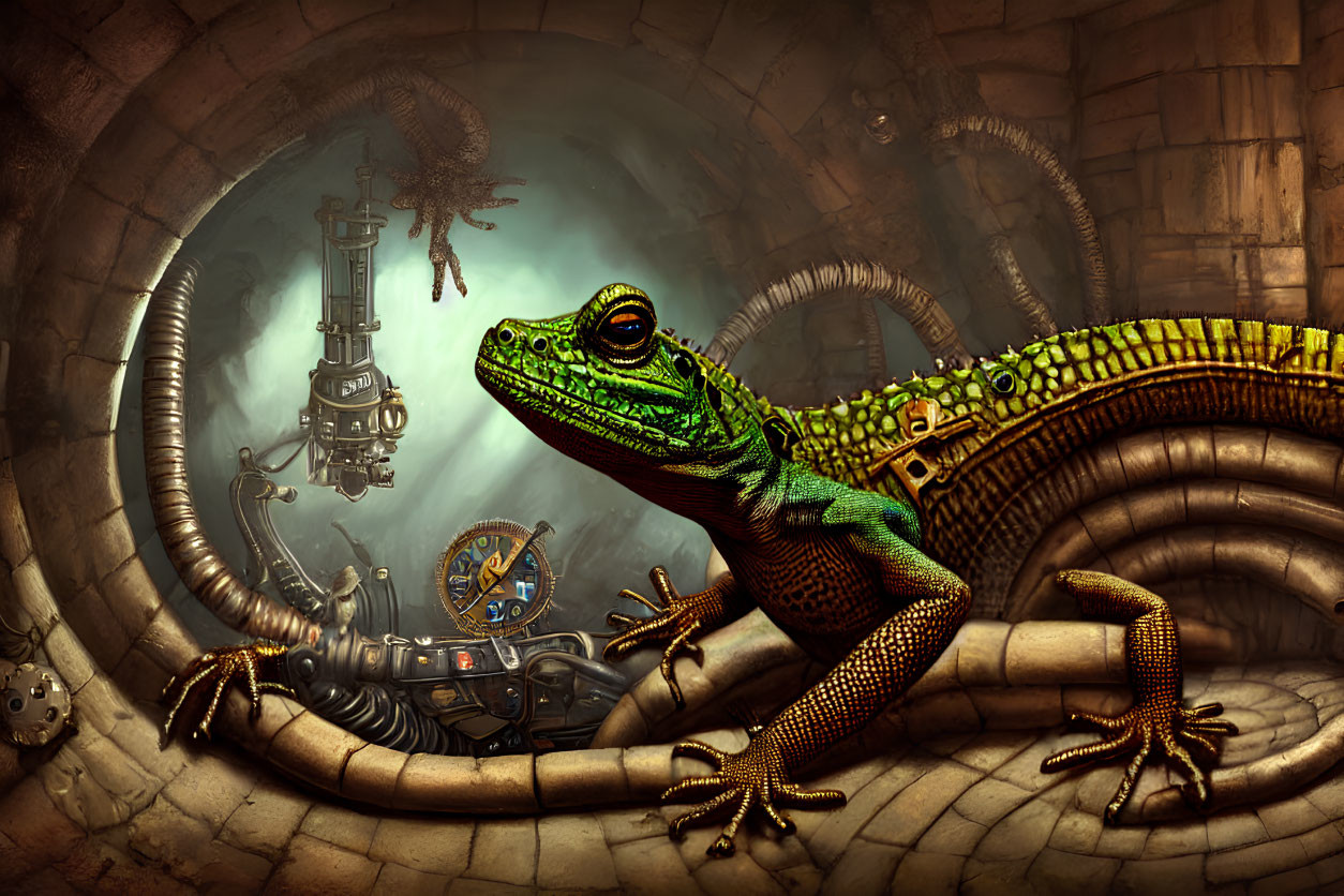 Steampunk environment with green-yellow lizard and monkey silhouette