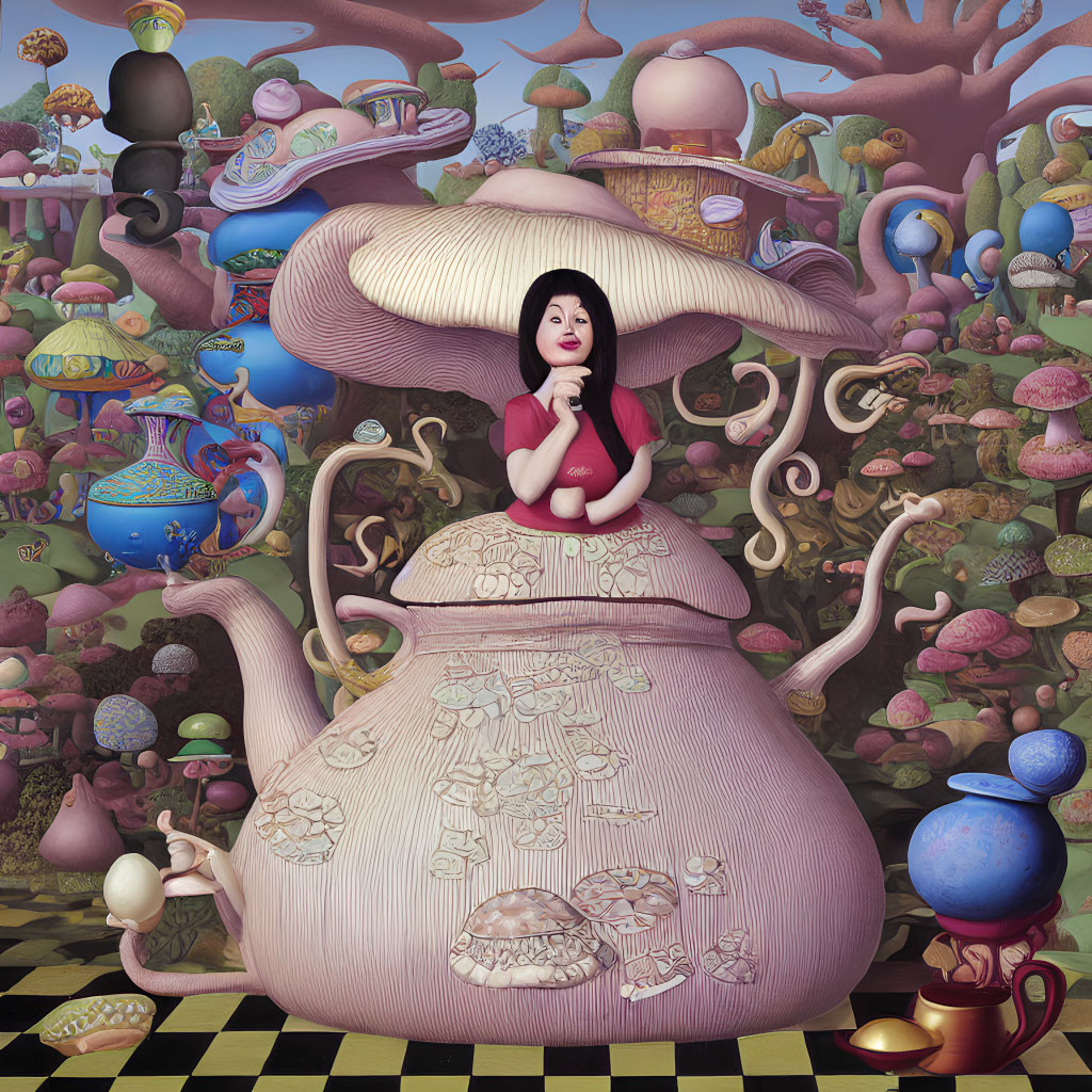 Colorful surreal landscape with mushroom motifs and woman emerging from teapot