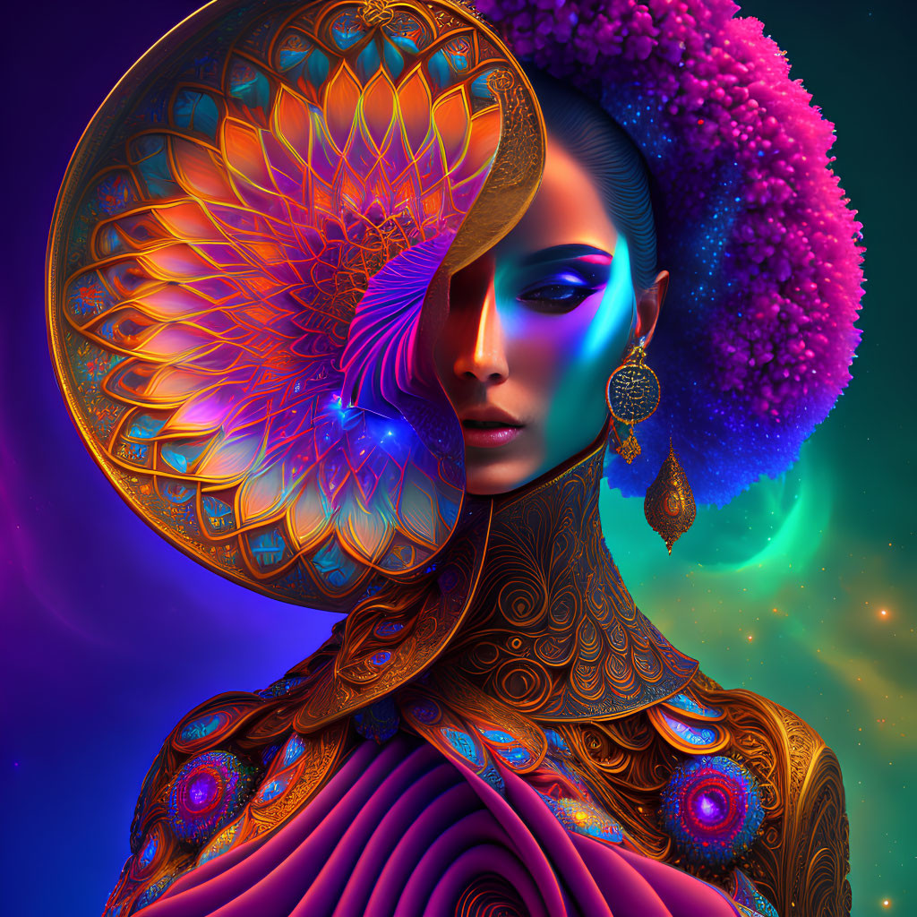 Vibrant digital portrait with patterned headdress & cosmic background