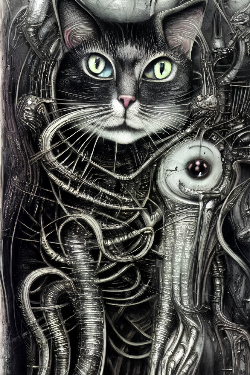 Surreal cat with intense green eyes in mechanical fusion