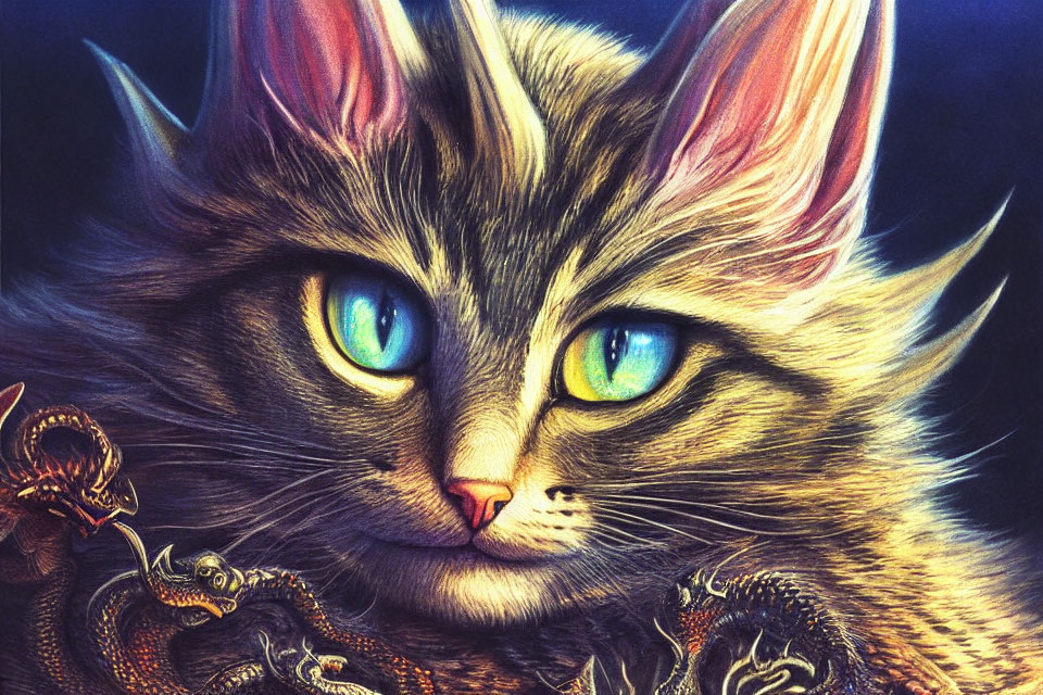 Detailed Illustration of Majestic Cat with Blue Eyes and Golden Jewelry